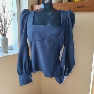 Zara Navy Blue Square Neck Bustier Style Blouse With Puffy Balloon Sleeves